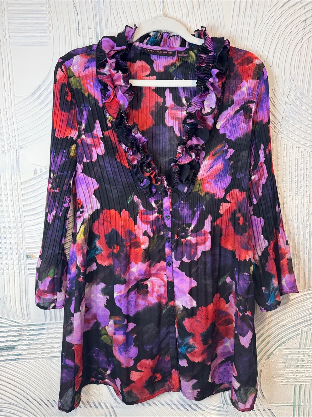 Ruffled V-Neck Floral Blouse - Purple & Red N0663